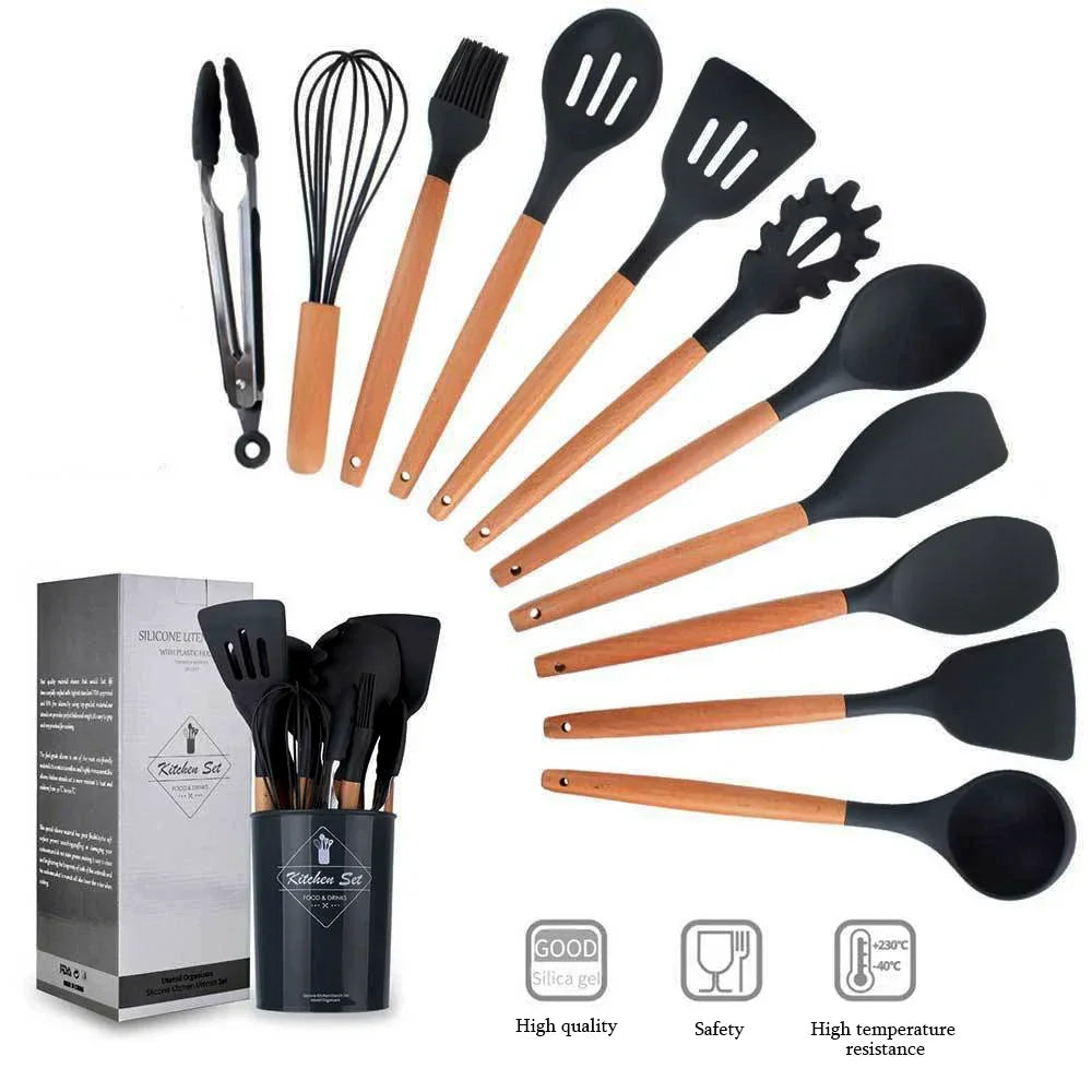 12PCS Silicon Non-Stick Cookware Kitchenware Utensil Set with Wooden Handles