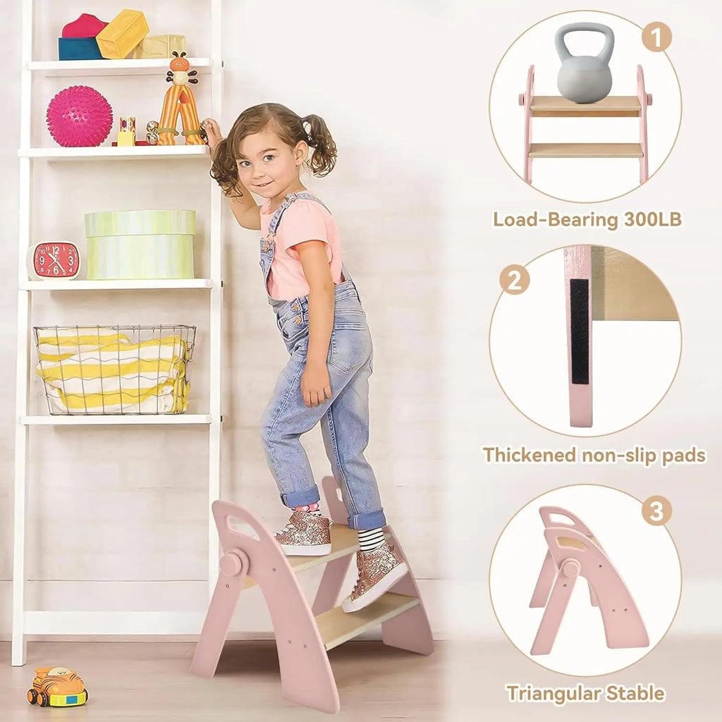 Sturdy Foldable Pink Anti-Slip 2-Step Wooden Stool for Kids or Adults