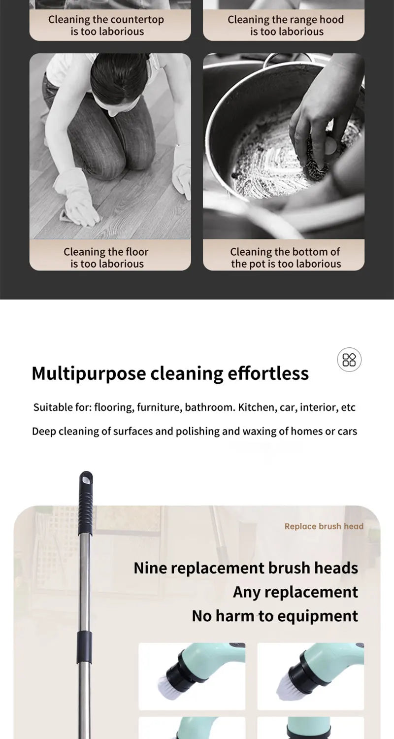 9-in-1 Electric Rotating Cleaning Brush, Wireless Multi-Purpose Scrubber with Replaceable Heads and Adjustable Telescopic Handle