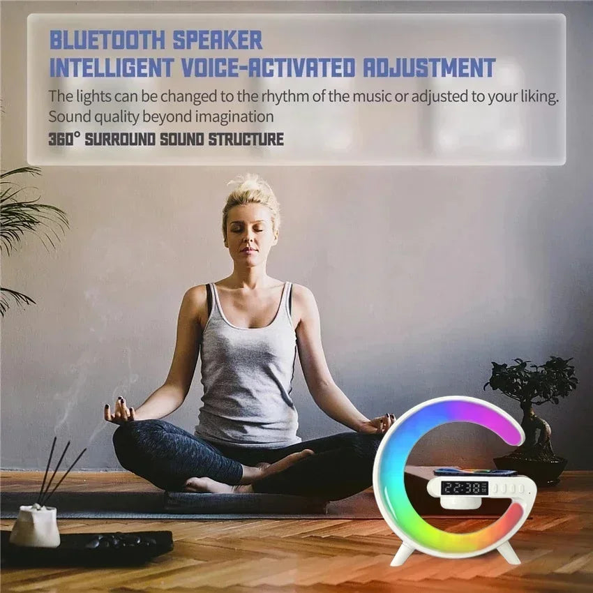 Multifunction Mini Wireless Charger Stand & Docking Station  Red, Green, & Blue Light Alarm Clock Speaker
