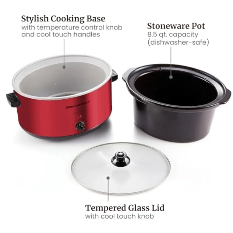 8.5QT Metal Electric Ceramic XL Jumbo Slow Cooker With Adjustable Temp, Dishwasher Safe Glass Lid Crock