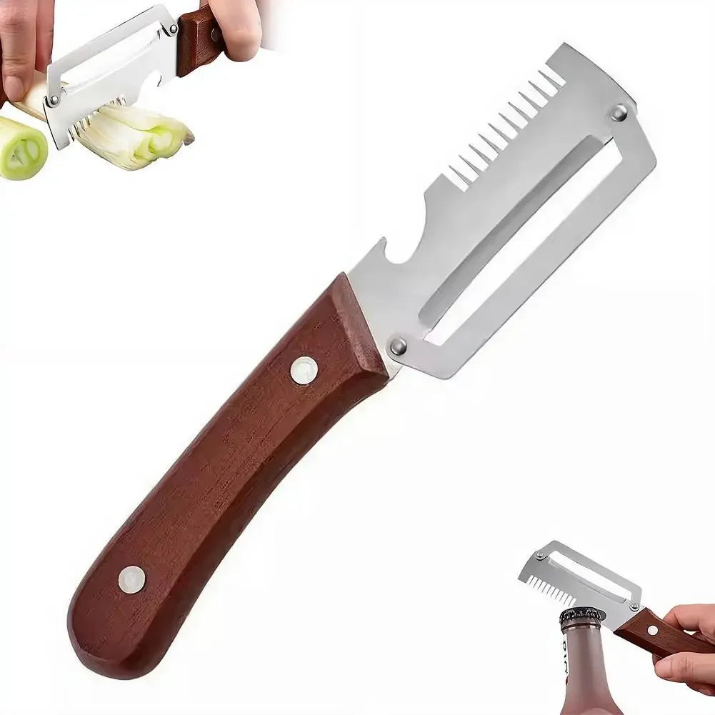3-in-1 Stainless Steel Vegetable Peeler Knife With Wooden Handle And Bottle Opener Kitchen Tool - Lovies Kitchenwares