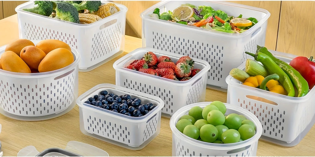 9Pcs/set Fruit and Vegetable Storage Containers for Fridge with Removable Colander, All-In-One Fruit Washing Bowl with Strainer - Lovies Kitchenwares