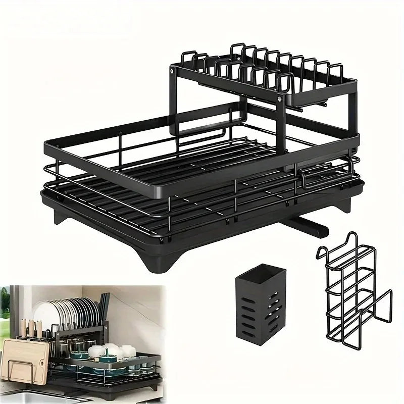Double-Tier Extendable Dish Drainer With Large-Capacity Utensil Rack & Draining Board for Kitchen Worktops