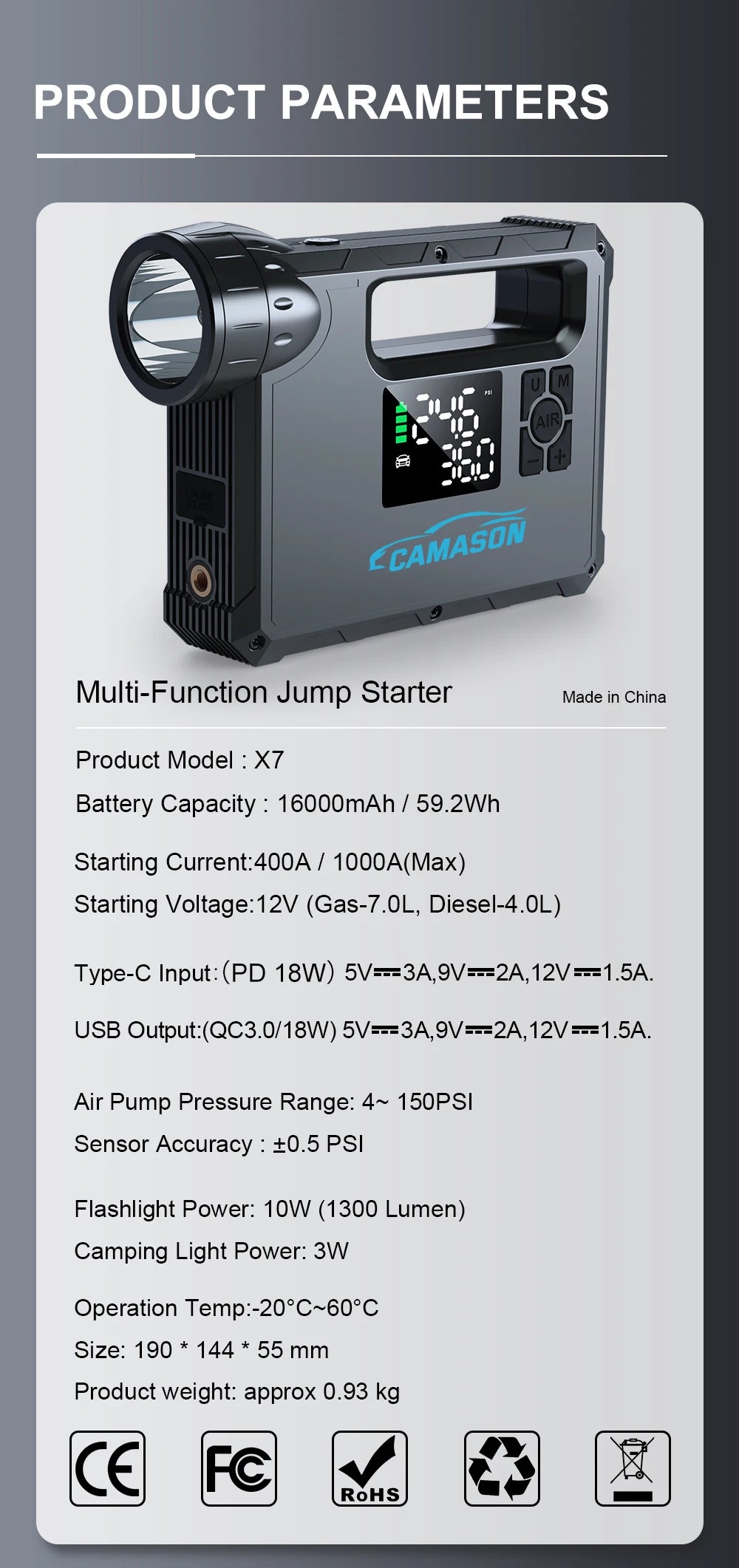 5 in 1 Car Jump Starter with air Compressor and Portable Flashlight Starting Device Power Bank Battery Automotive Booster start