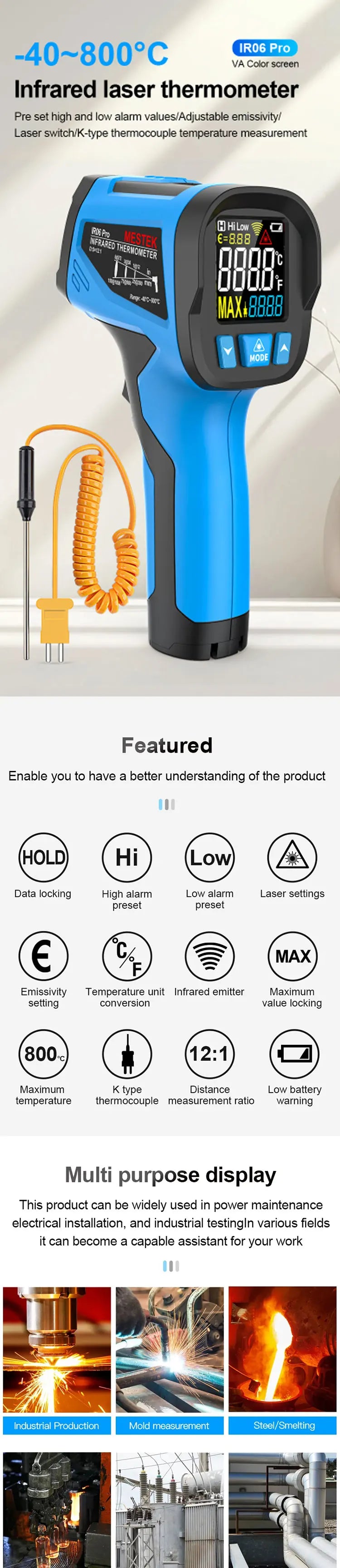 -40 to 800 Degree Digital Infrared Laser Thermometer Non-Contact
