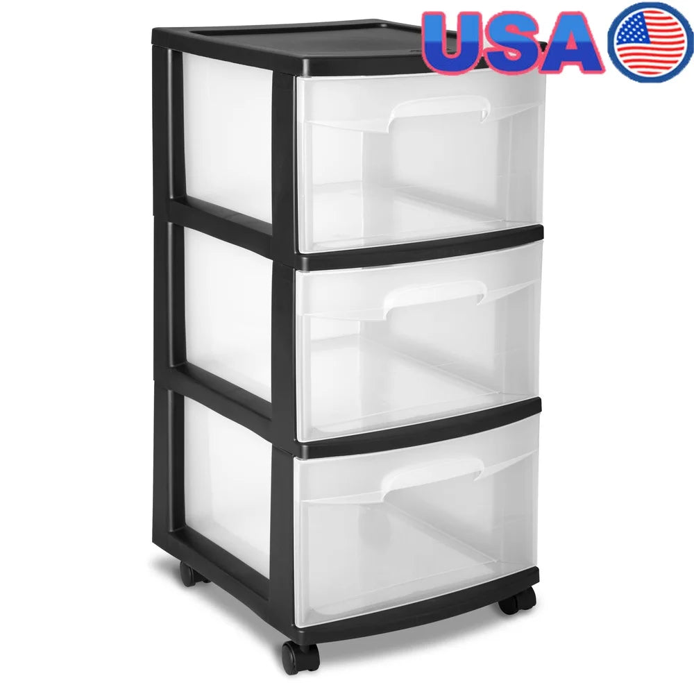 3 Drawer Plastic Storage Cart with Clear Drawers Rolling Organizer