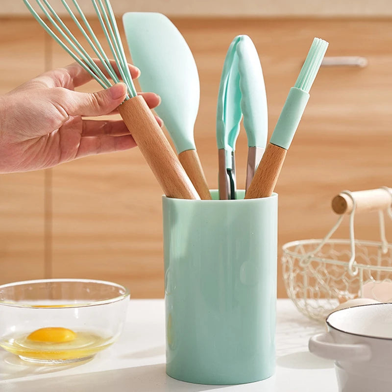 12PCS Silicon Non-Stick Cookware Kitchenware Utensil Set with Wooden Handles