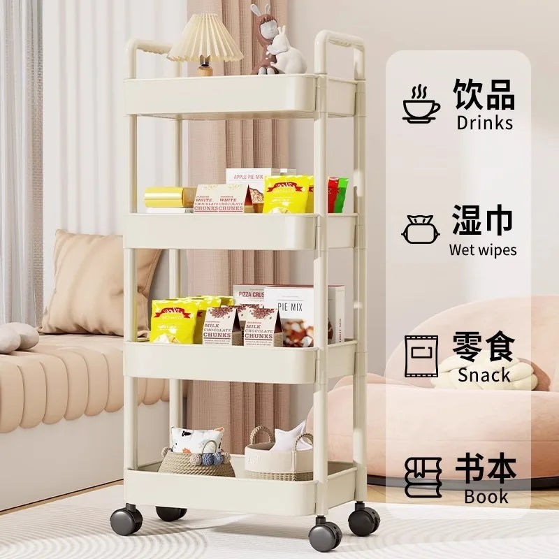 Trolley with Handlebar and Storage Rack, Floor-Standing, Multi-Layer Storage for Multiple Rooms