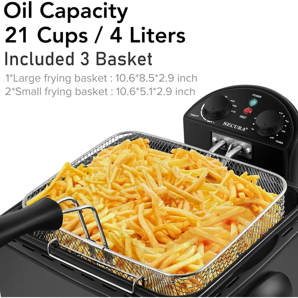 4 Liters Stainless-Steel 1700-Watt Electric Deep Fryer with Timer, 3 Baskets