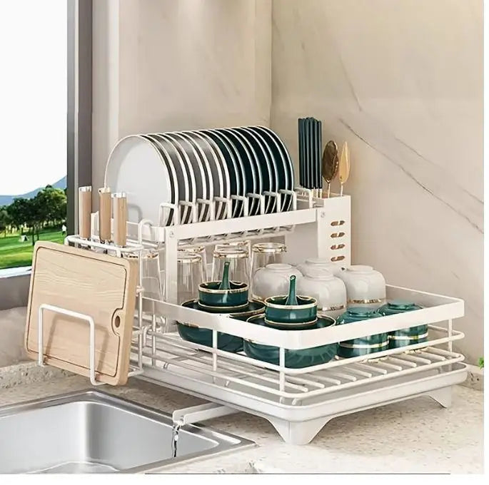 Double-Tier Extendable Dish Drainer With Large-Capacity Utensil Rack & Draining Board for Kitchen Worktops