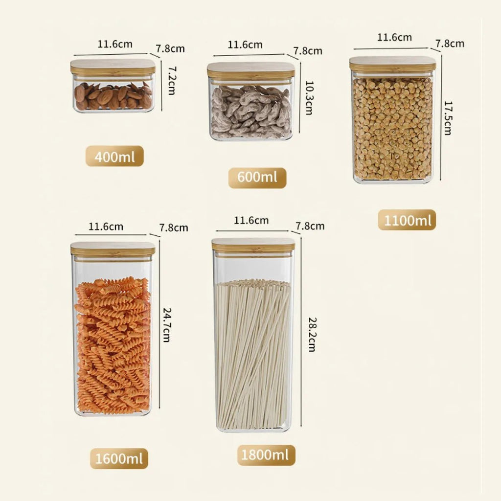 Rectangle Clear Storage Jars with Bamboo Lids Multi-Food Pantry Organizer Containers - Lovies Kitchenwares