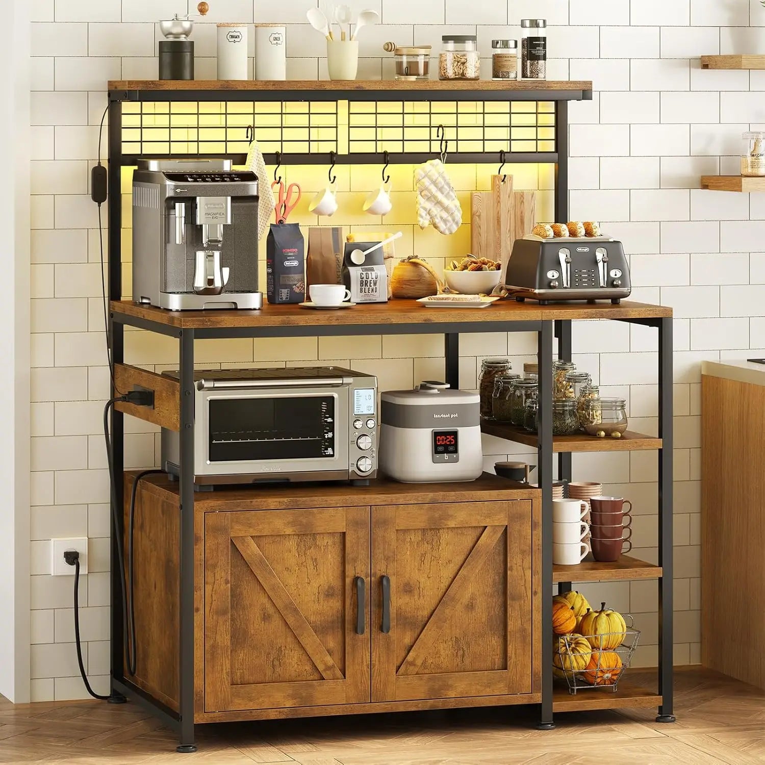 Bakers Rack with Power Outlet and LED Light, Microwave Stand with Storage Cabinet, Coffee Bar Cabinet Station, Customized