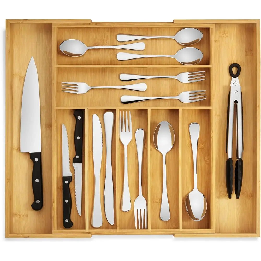 Bamboo Drawer Organizer - Expandable Silverware Organizer & Utensil Drawer Organizer, Cutlery Tray with Dividers, 7-9 Slots- Kit