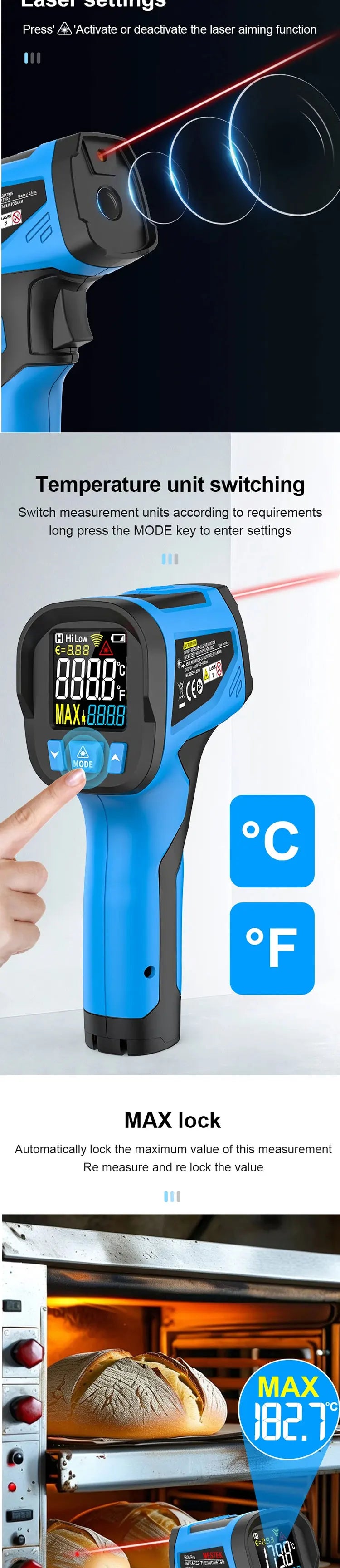 -40 to 800 Degree Digital Infrared Laser Thermometer Non-Contact