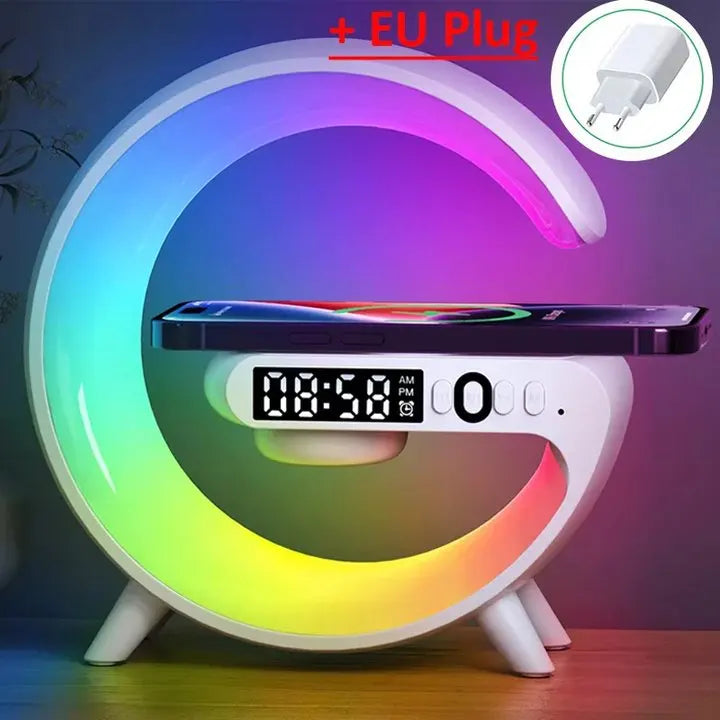 Multifunction Mini Wireless Charger Stand & Docking Station  Red, Green, & Blue Light Alarm Clock Speaker