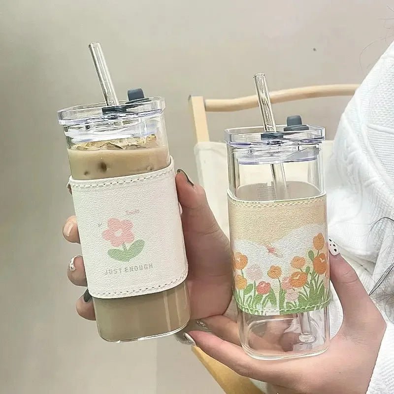 1 or 2 Pcs Transparent Square Heat-Resistant Drink Glass Cup With Lid and Straw - Lovies Kitchenwares