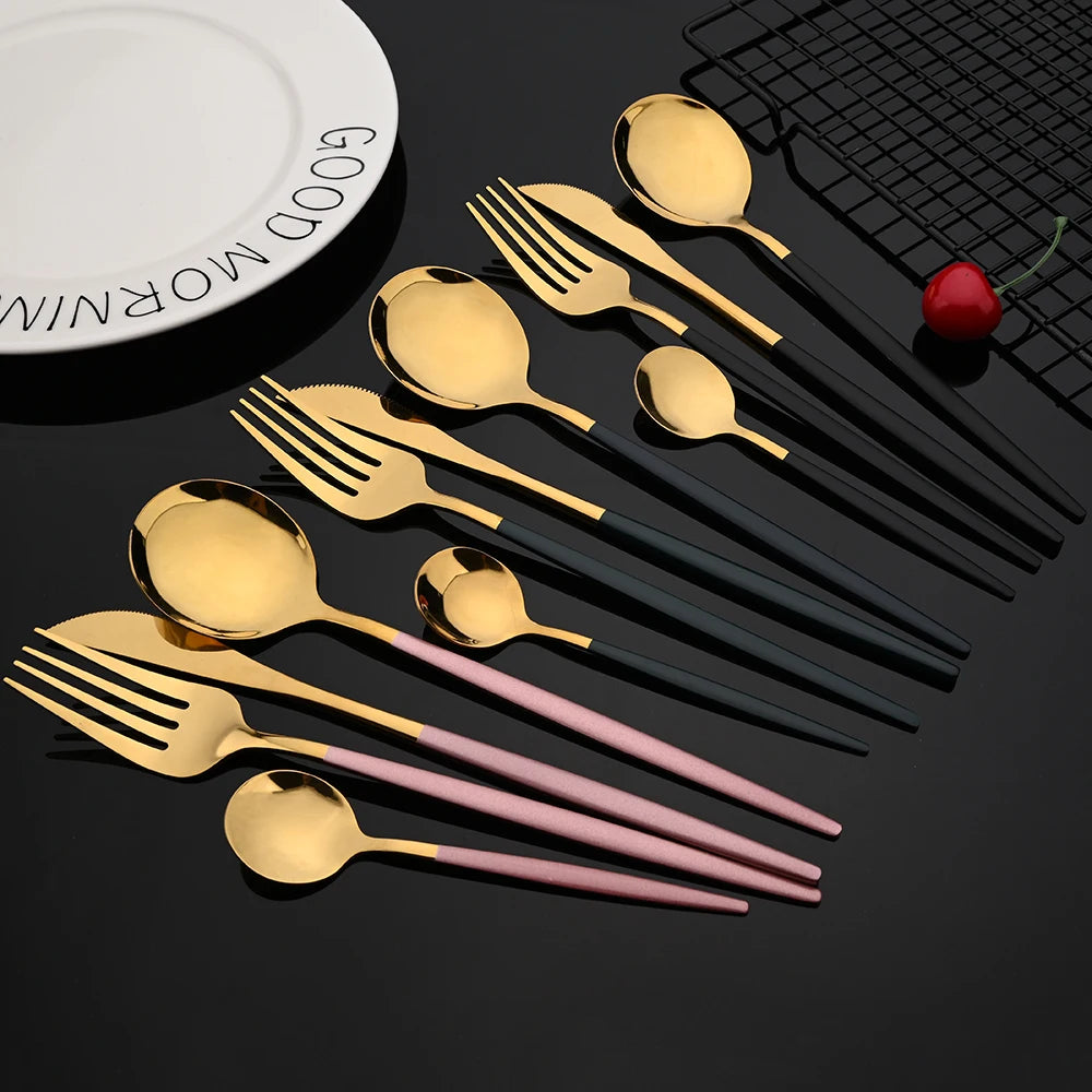 30Pcs Stainless Steel Dinner Black Gold Tableware Set
