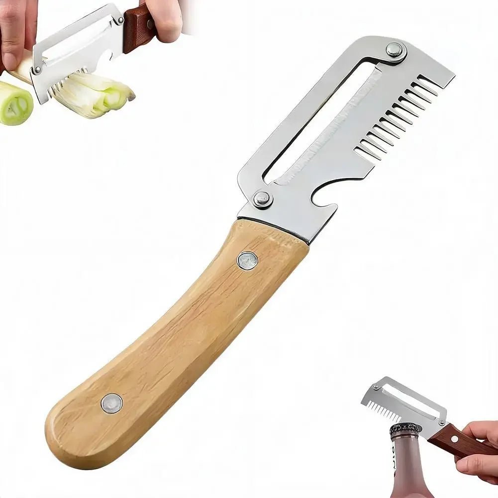 3-in-1 Stainless Steel Vegetable Peeler Knife With Wooden Handle And Bottle Opener Kitchen Tool - Lovies Kitchenwares