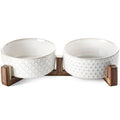 Nonslip Anti-Tip Pet Ceramic Dual Food & Water Bowls with Elevated Wood Stand