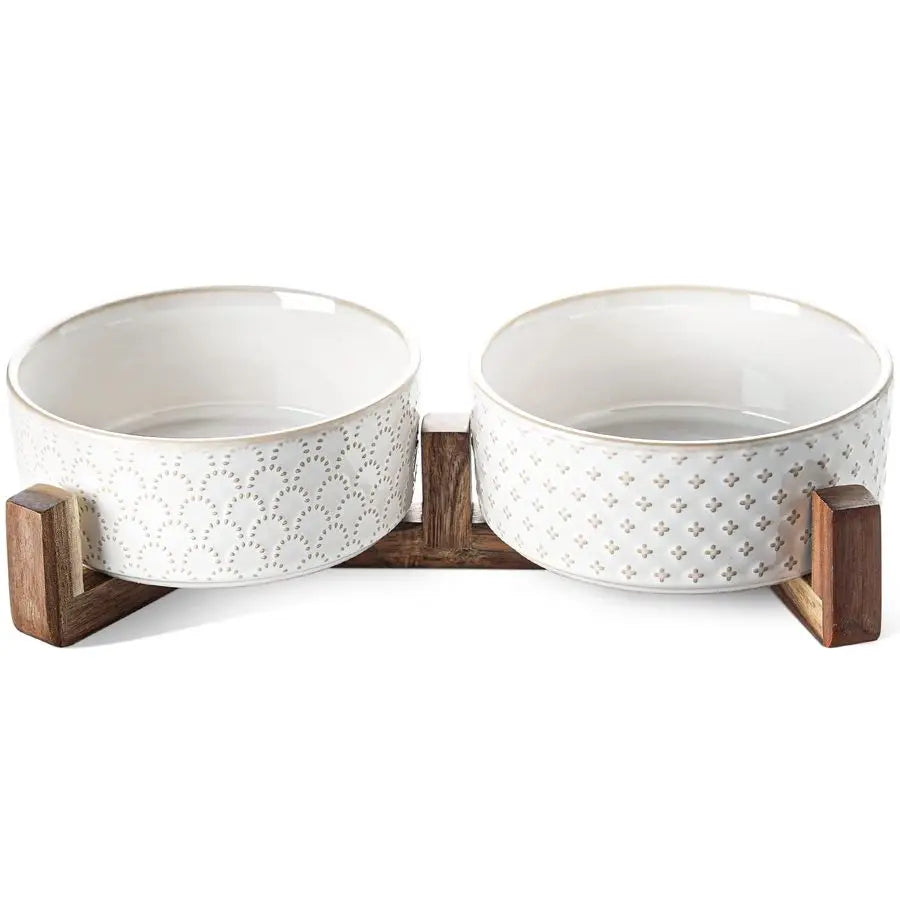 Nonslip Anti-Tip Pet Ceramic Dual Food & Water Bowls with Elevated Wood Stand