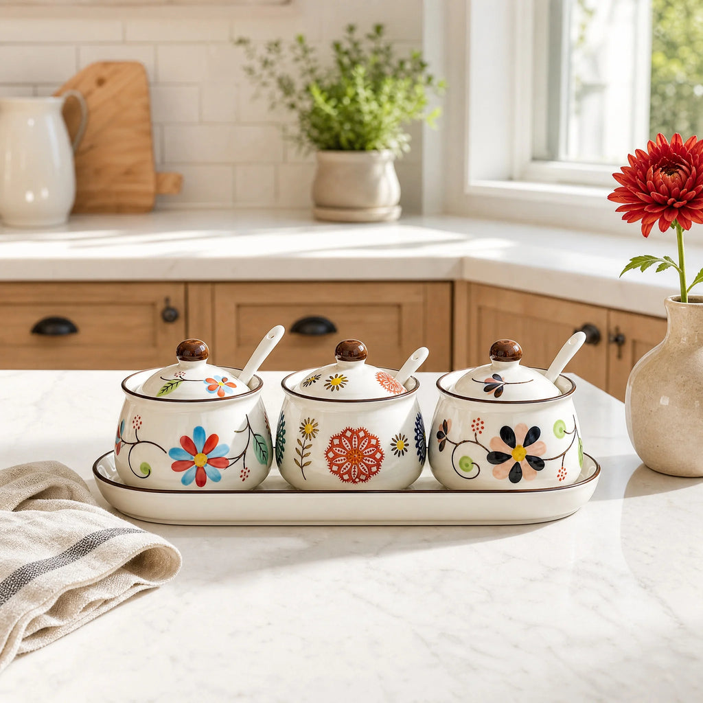 3-Piece Ceramic Spice Jar Set with Tray, Hand-Painted Japanese Vintage Seasoning Jars, Large Capacity 330ml Kitchen Storage Containers with Spoons, Non-Slip Base - Lovies Kitchenwares