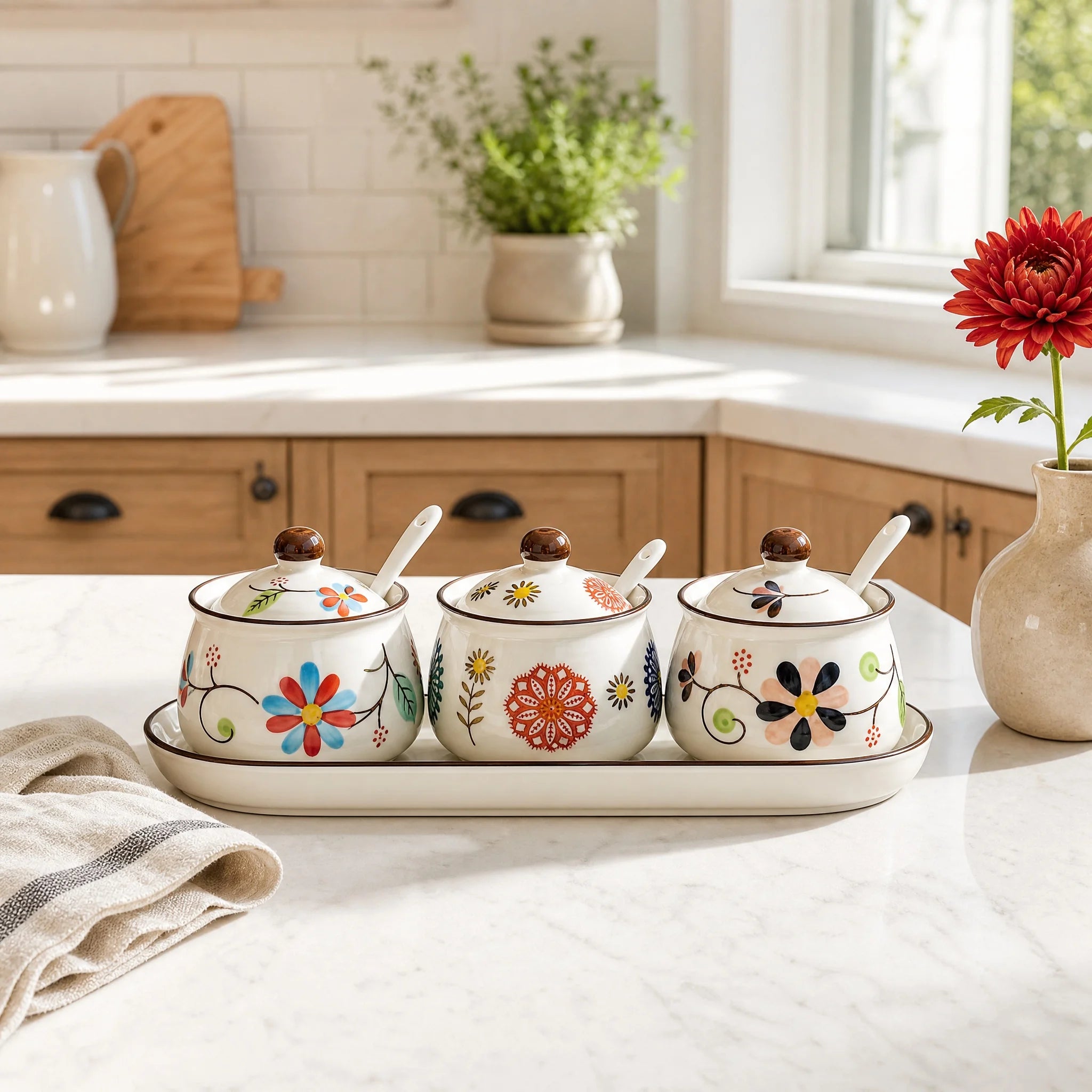 3-Piece Ceramic Spice Jar Set with Tray, Hand-Painted Japanese Vintage Seasoning Jars, Large Capacity 330ml Kitchen Storage Containers with Spoons, Non-Slip Base - Lovies Kitchenwares