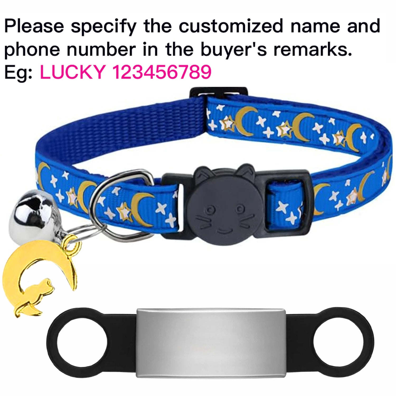 Customized Cute Glow Bell & Moon Ornament Cat Collar With Free Engraved Anti-lost Pet ID