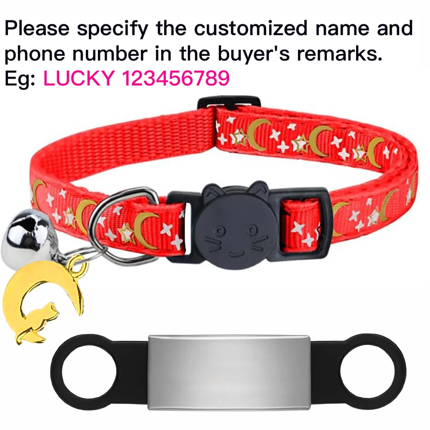 Customized Cute Glow Bell & Moon Ornament Cat Collar With Free Engraved Anti-lost Pet ID