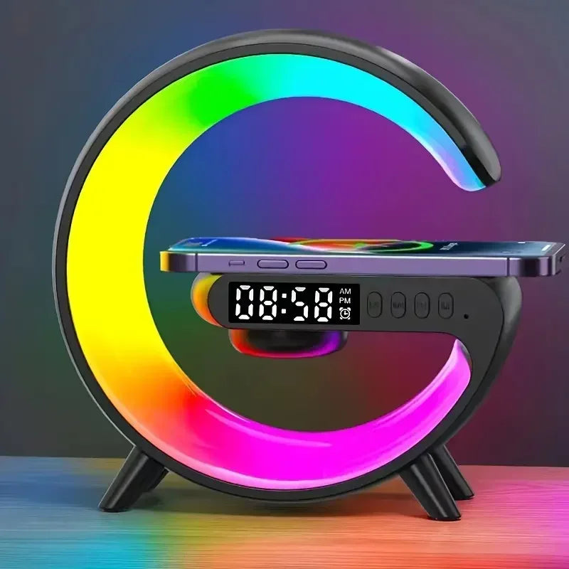 Multifunction Mini Wireless Charger Stand & Docking Station  Red, Green, & Blue Light Alarm Clock Speaker