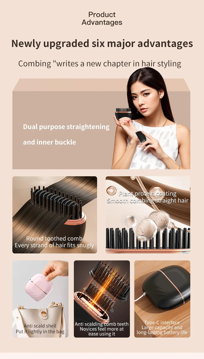 New Mini Portable Rechargeable Hair Straightener Brush With Anti-Scald Shell Cordless USB Charging