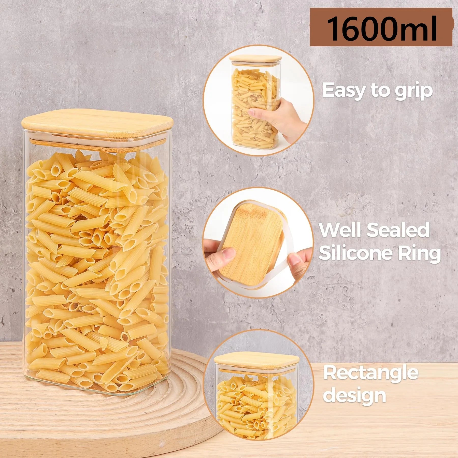 Rectangle Clear Storage Jars with Bamboo Lids Multi-Food Pantry Organizer Containers - Lovies Kitchenwares