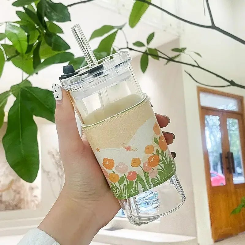 1 or 2 Pcs Transparent Square Heat-Resistant Drink Glass Cup With Lid and Straw - Lovies Kitchenwares