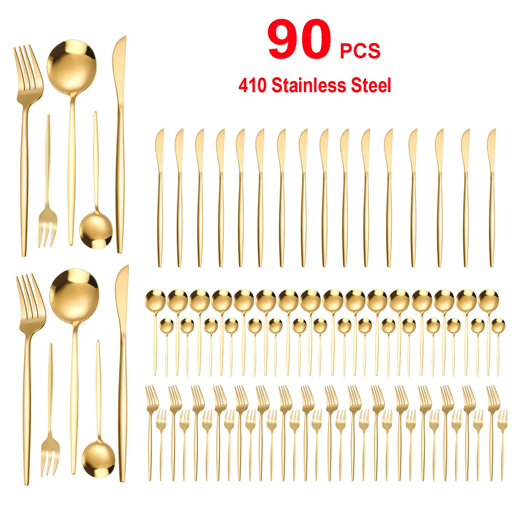 90Pcs Gold Stainless Steel Silverware Set - Heavy Duty Cutlery