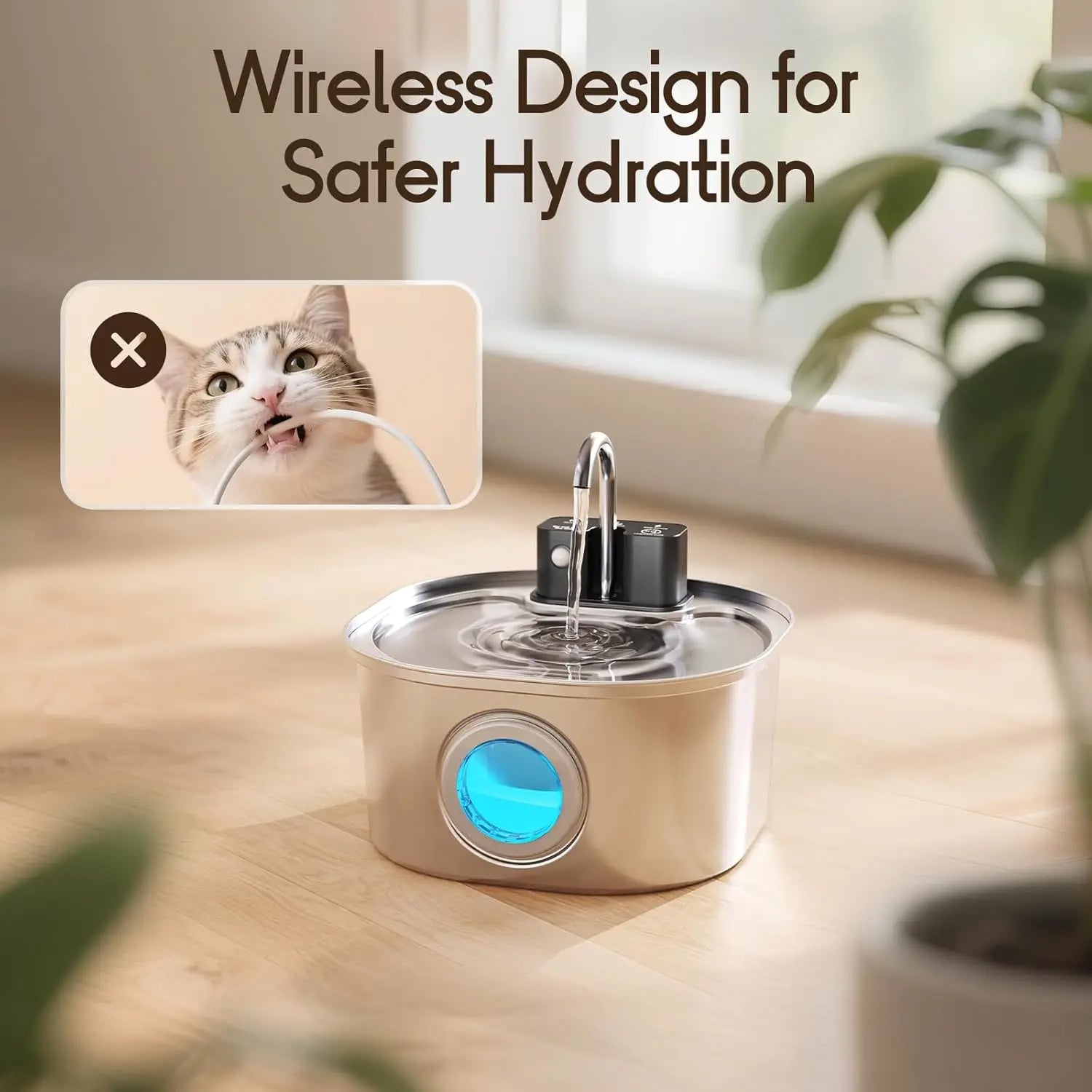 3L Stainless Steel Wireless Recharging Sensor Cat Water Fountain  with Auto Drinking Fountain For Cats & Dogs
