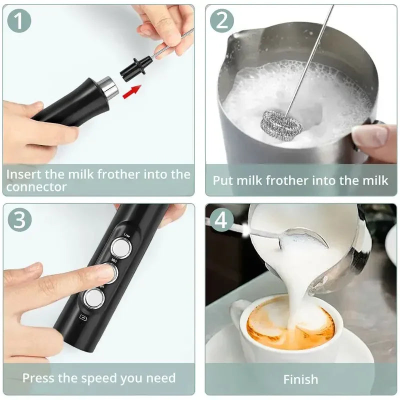 Electric Milk Frother - 3 Speeds, Handheld Foam Maker for Latte, Cappuccino, Hot Chocolate - USB Rechargeable