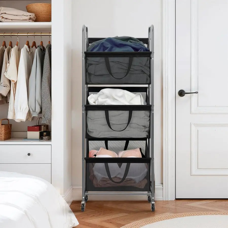3Tier Vertical Rolling Stackable Laundry Hamper & Sorter with Removable Bags on Wheels
