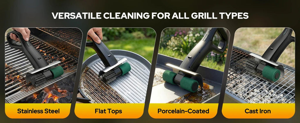 2026 Electric Grill Brush with 2 Brush Heads, 800RPM 25kgf High Torque BBQ Cleaner, 3500mAh Battery, 180 Mins Long Runtime, Extended Handle, Works as Grill Scraper for Tough Grease - Lovies Kitchenwares