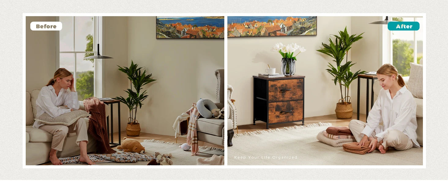 Bedside Nightstand Featuring 2 Fabric Drawers Cabinet Furniture
