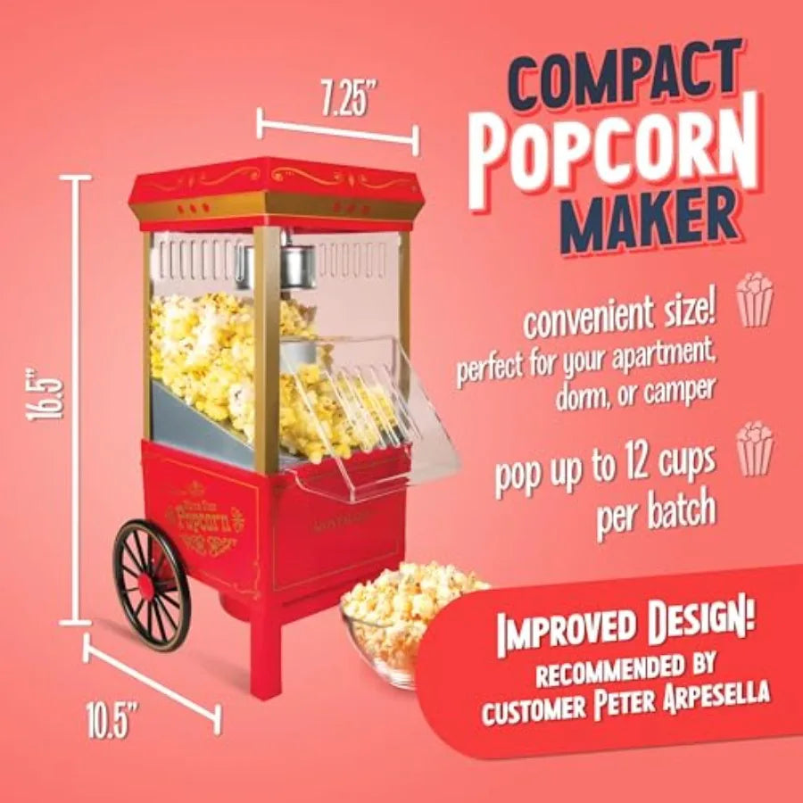 Vintage 12 Cups Hot-Air Popcorn Maker Machine - Oil-Free - Healthier Popcorn - Classic Stand-Up Cart With Wheels