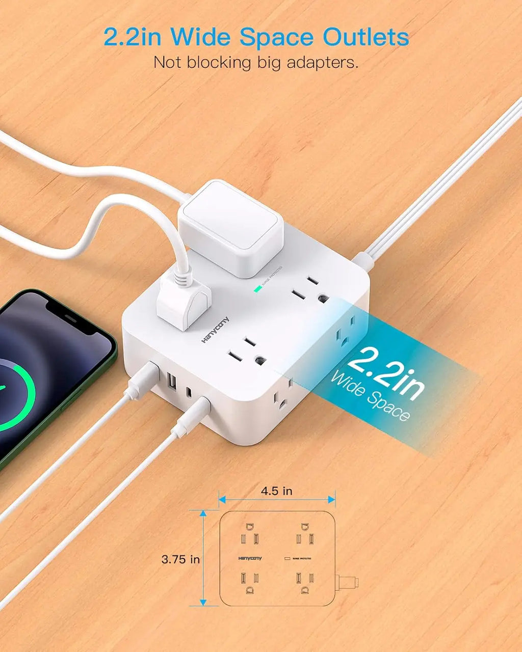 Surge Protector Power Strip with 8 Outlets and 4 USB Ports, Ultra Thin Flat Plug for Multiple Rooms