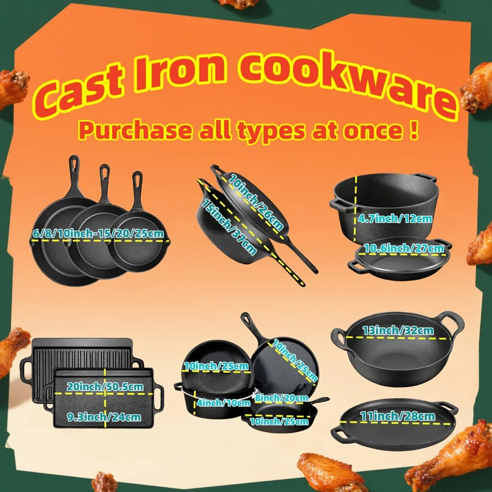 3PCS Cast Iron Skillet Set (6/8/10 Inch)  Pre-Seasoned, Non-Stick Heavy-Duty Pans