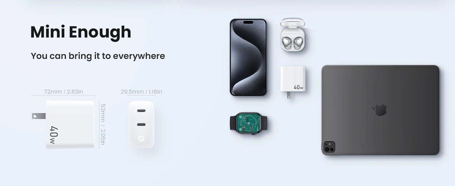 40W 2 Ports USB-C Type-C GaN Fast Charger with Charging Light, Fast Charging Block with 3.3Ft Type-C Charging Cable For IPhone