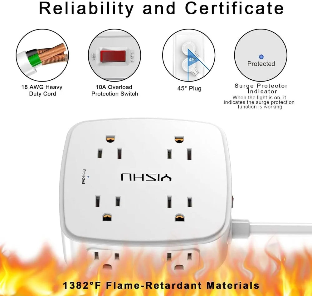 8 Outlet Surge Protector with 4 USB Ports, 6ft Cord, Flat Plug, Wall Mount, 3-Side Design, ETL