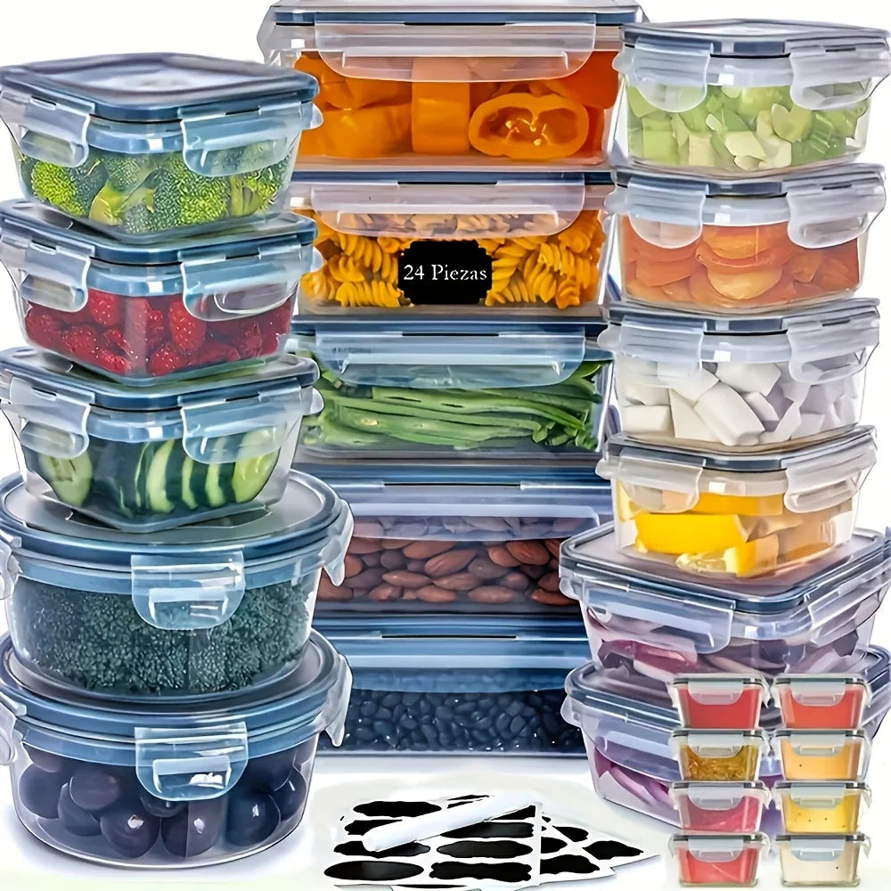 24 Airtight Multi-Food Storage Container Set With Lids & Labels -Microwave, Freezer, Refrigerator & Dishwasher Safe