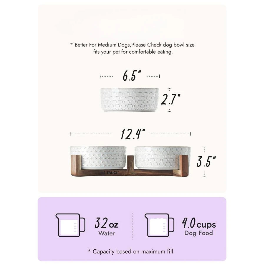 Nonslip Anti-Tip Pet Ceramic Dual Food & Water Bowls with Elevated Wood Stand
