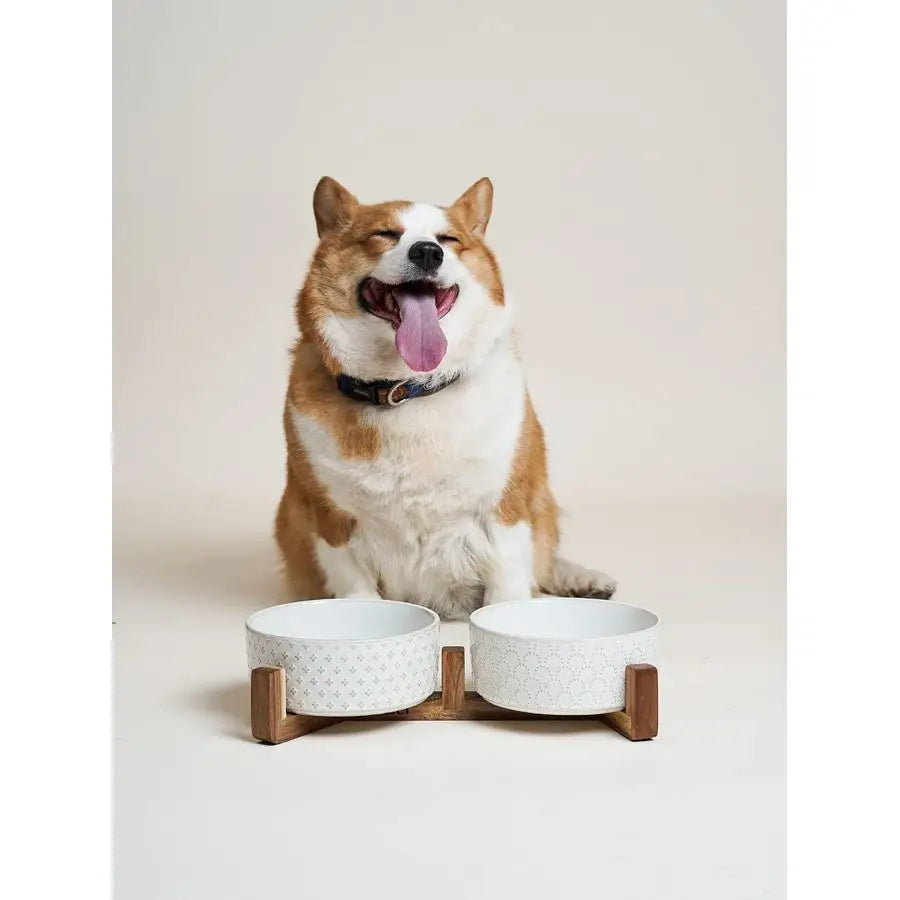 Nonslip Anti-Tip Pet Ceramic Dual Food & Water Bowls with Elevated Wood Stand