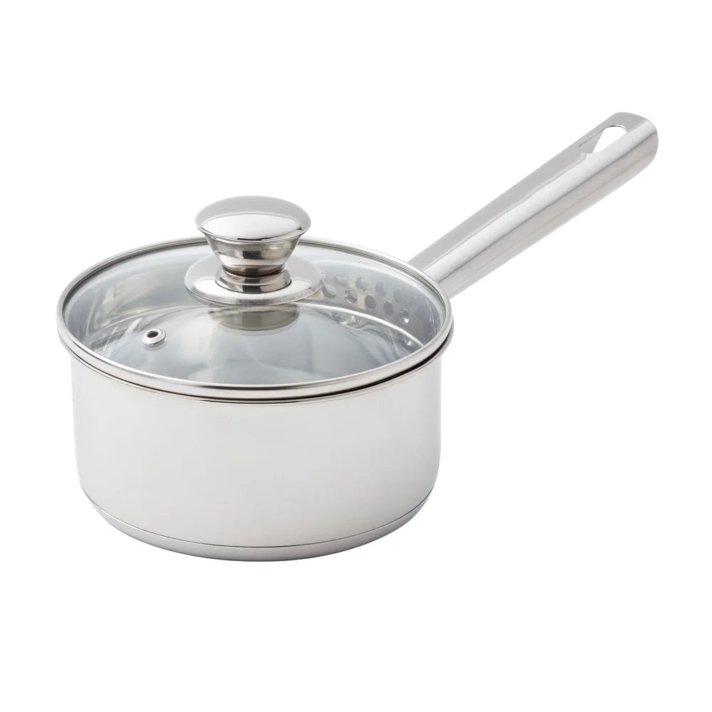Oven Safe Stainless Steel Saucepan with Straining Lid 1qt Dishwasher Safe Induction Compatible Heat Resistant Glass Lid