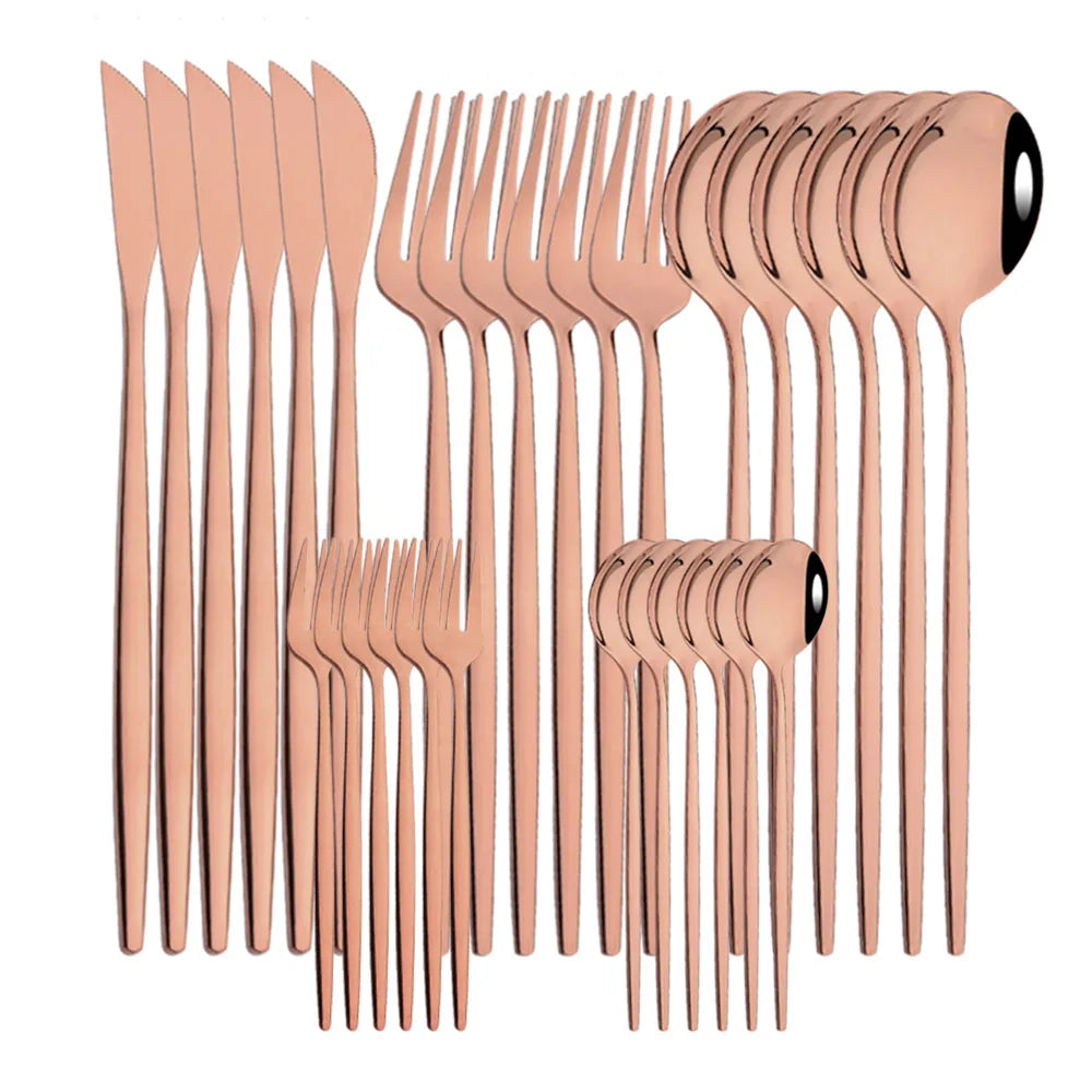 30Pcs Stainless Steel Dinner Black Gold Tableware Set