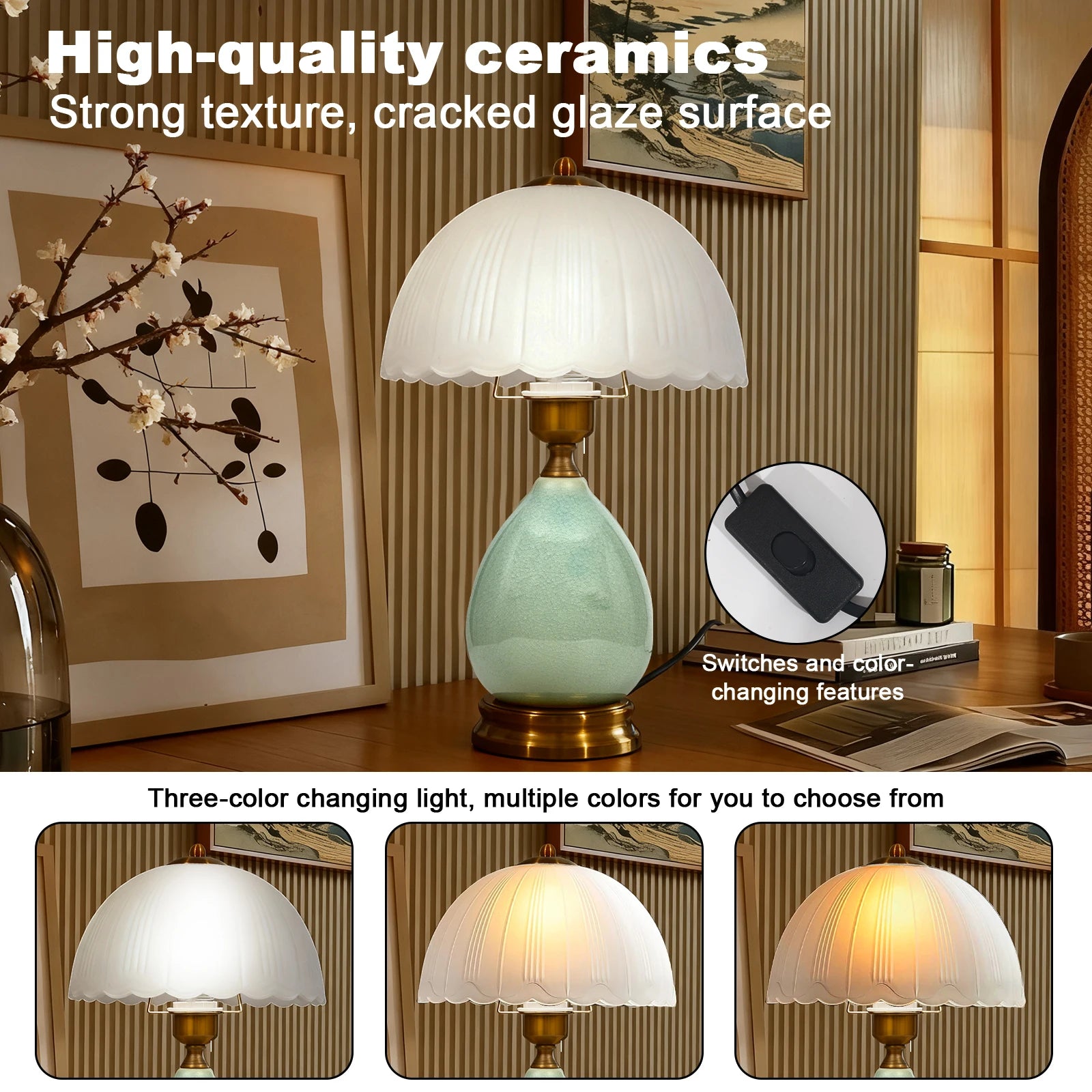 16" 3-Color Dimmable LED Vintage Green Ceramic Table Lamp